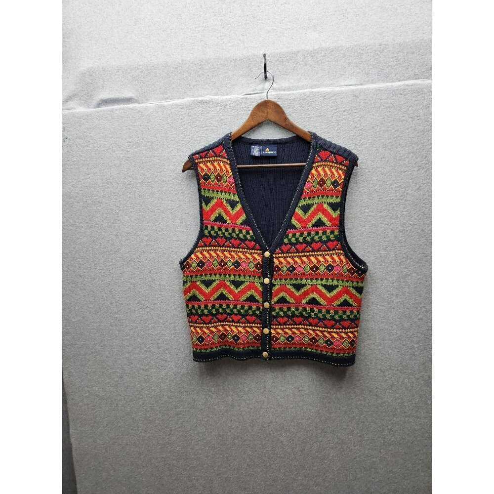 Vintage Lizsport Womens V-Neck Button-Up Knit‎ Vest Multicolor Geometric Pattern